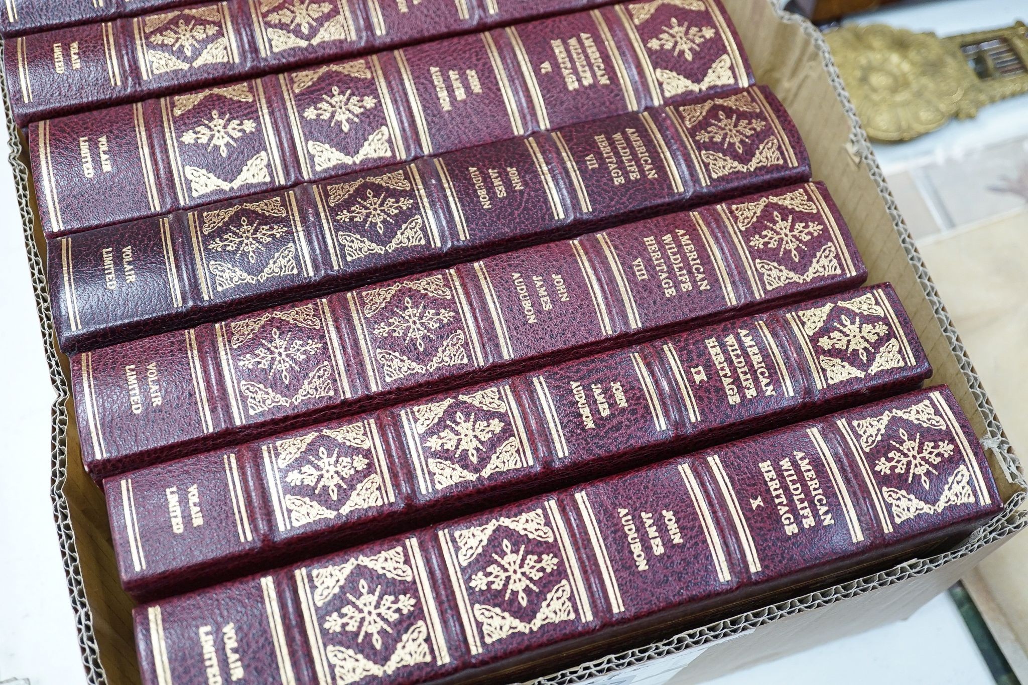 Audubon, John James & Bachman, Rev. John - The American Wildlife Heritage. 10 vols. (ex 11, lacking the index). many coloured plates; publisher's gilt ruled and decorated maroon morocco, gilt lettered panelled spines, ge